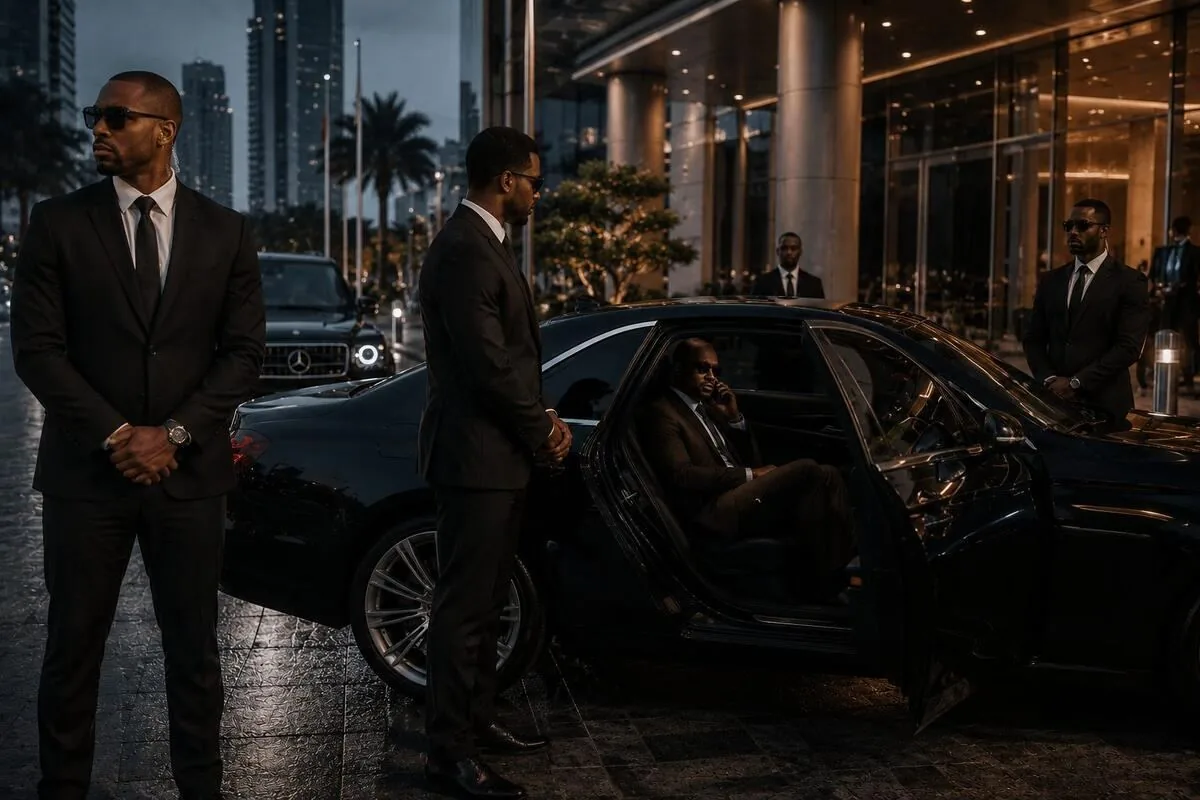 VVIP protection team at hotel entrance