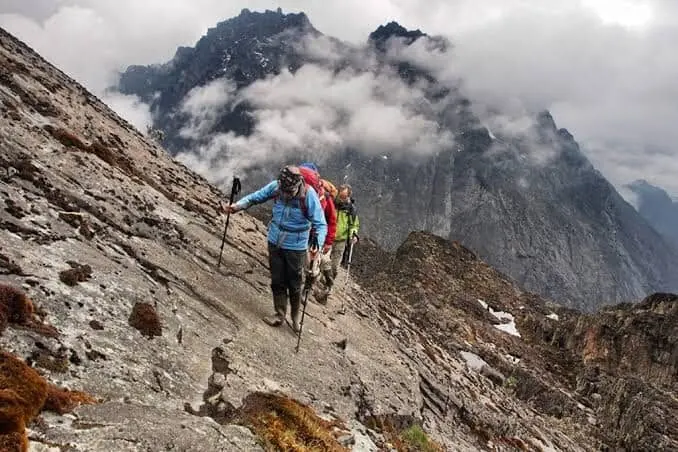 Hikers on a mountain trail in the Rwenzori Mountains, Uganda